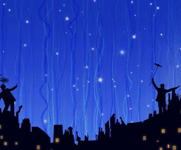 Background artwork depicting a night sky with chimney sweeps on roof tops