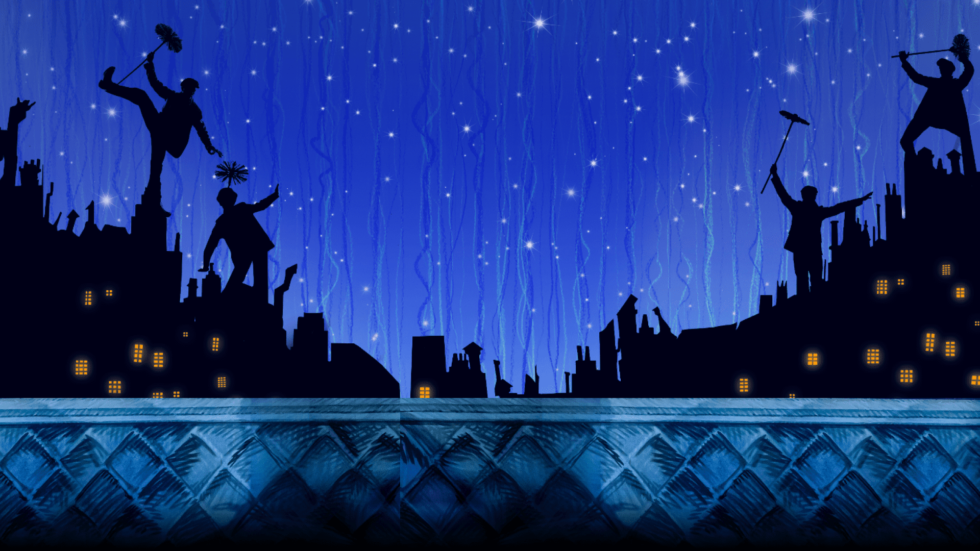 Background artwork depicting a night sky with chimney sweeps on roof tops