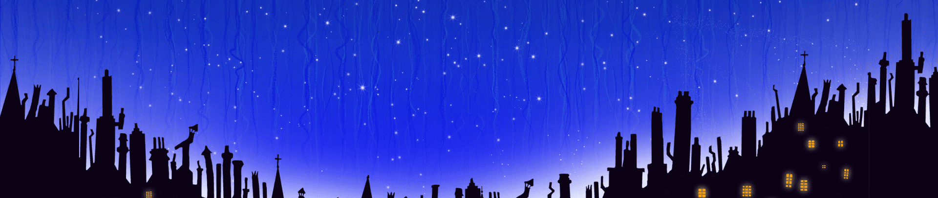 Background image of a blue, star-filled night sky with roof tops and chimneys in the foreground